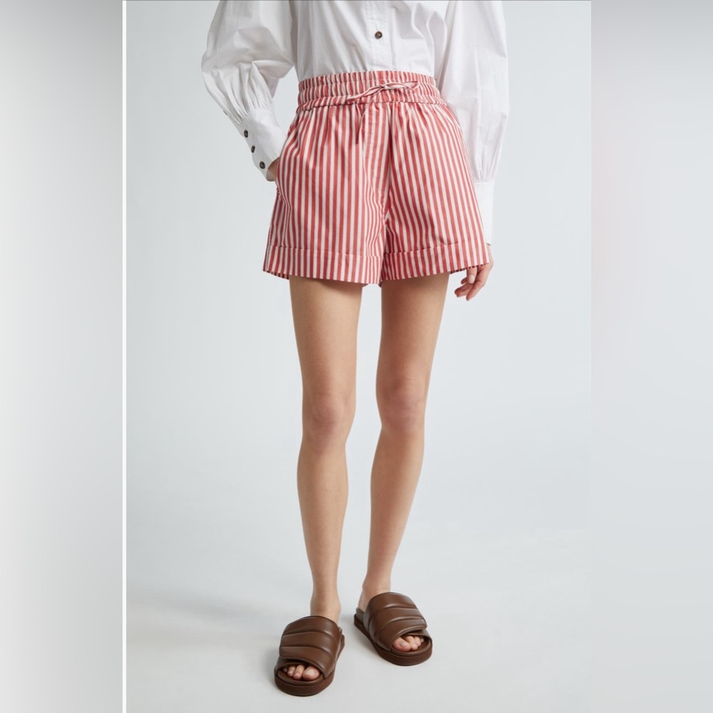 Ganni Stripe Organic Cotton Shorts - Barbados Cherry - Sz EU46 / US16